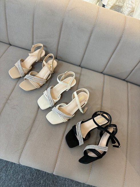 Women Luxury Rhinestone Decor Open Toe Buckle Straps